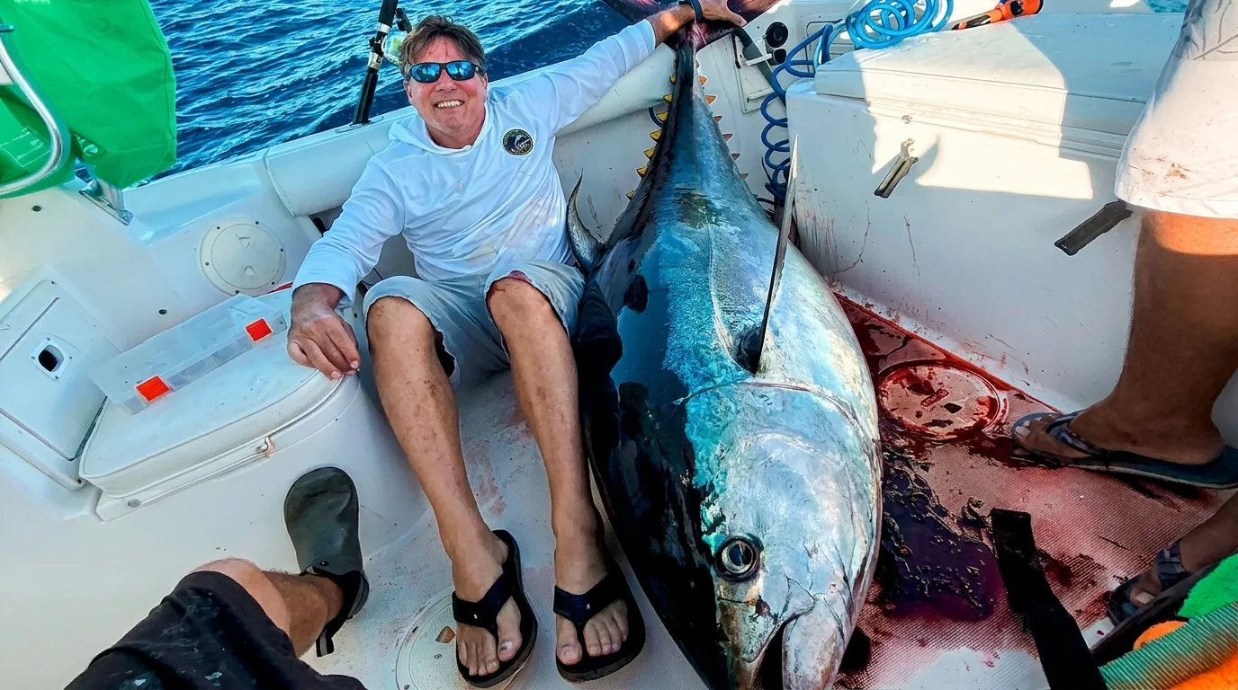 Angler with a giant bluefin tuna caught off Cabo San Lucas